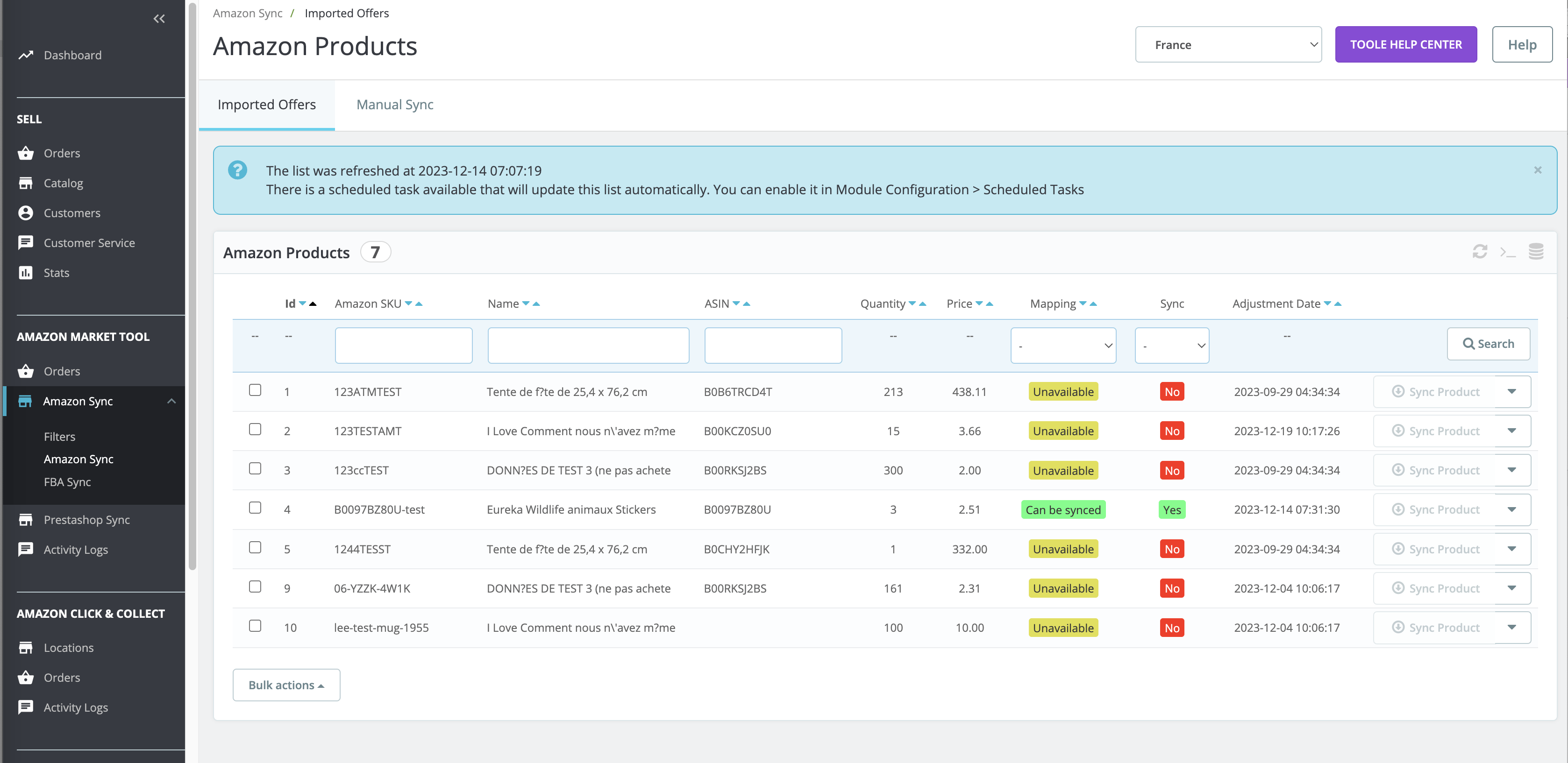 Pestaña de sincronización de productos de Amazon Market Tool