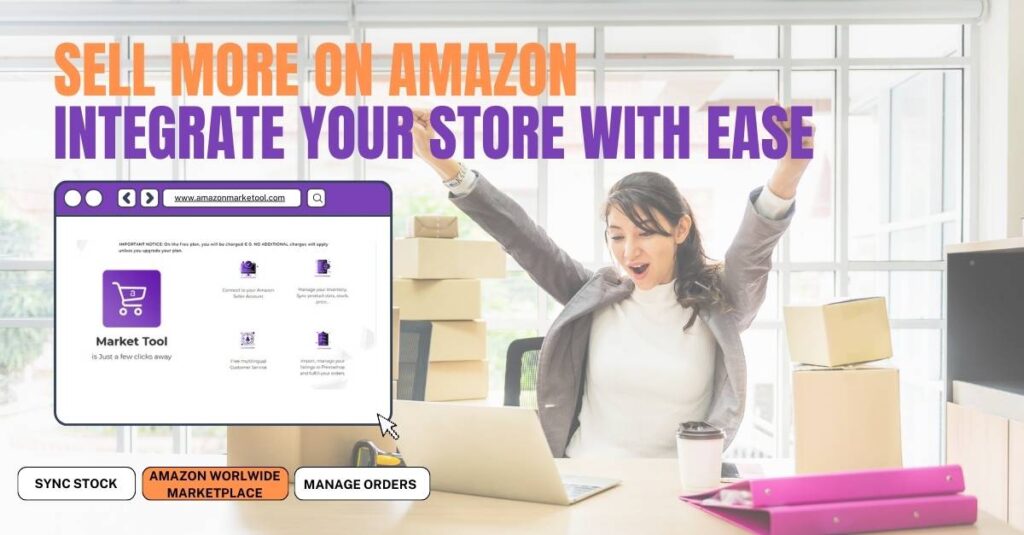 Venditore di e-commerce seduto al laptop mentre utilizza l'applicazione Amazon Market Tool
